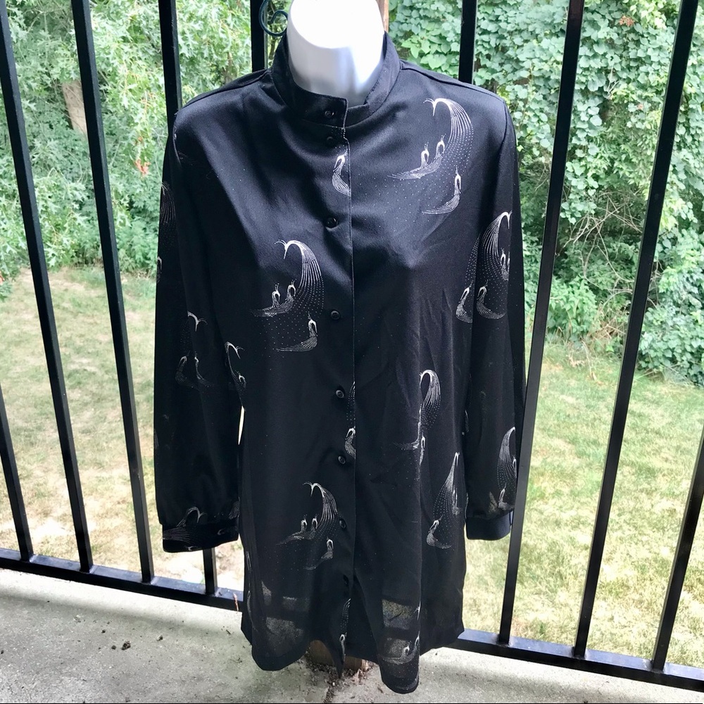 Vintage 70’s Black Tunic Shirt Abstract Birds